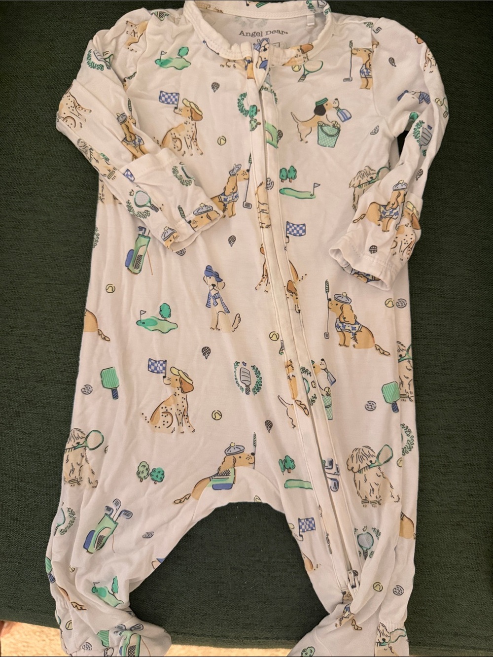 Angel Dear White One-Piece Footed Sleeper with Green & Tan Dog Print